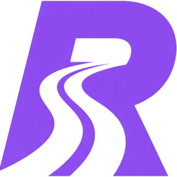 Purple stylized letter R with a winding road cutting through the middle.